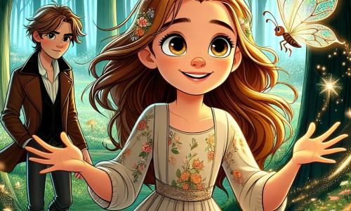 Élodie, une fille de 11 ans aux cheveux bruns dorés et aux yeux pétillants, se tient au centre d'une clairière enchantée, un sourire émerveillé sur le visage. Elle porte une robe légère à motifs floraux et tend les mains vers un papillon aux ailes de verre, symbole de sa curiosité. À ses côtés, Léo, un garçon espiègle d'environ 12 ans avec des cheveux en bataille, l'observe avec un sourire complice, prêt à lui montrer les merveilles de ce monde magique. Iris, une petite fée aux ailes scintillantes, flotte au-dessus d'Élodie, agitant une baguette magique qui crée des étincelles lumineuses. La clairière, entourée d'arbres majestueux et de fleurs colorées, est traversée par un ruisseau cristallin. Élodie, émerveillée par la beauté des lieux, est prête à découvrir les secrets de ce royaume magique, encouragée par Léo et Iris, symboles de l'aventure et de l'amitié.
