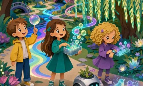 Aina, 8 ans, cheveux bruns longs en robe vert-bleu, tient une petite boîte transparente qui émet des bulles lumineuses; à sa gauche Léo, 8 ans, cheveux bruns courts en veste jaune, sourit en faisant tourner une bulle colorée sur son doigt; à sa droite Maëlle, 8 ans, cheveux blonds bouclés en robe violette, regarde une montre-écran projetant un chemin lumineux; près d’eux roule doucement un petit robot de jardinage argenté près d’un nid holographique d’oiseaux clignotants; le tout dans le Parc des Ruisseaux — allées sinueuses, ruisseaux arc-en-ciel, saule lumineux, fleurs phosphorescentes, ponts courbes et rubans lumineux — où les enfants testent une « alarme douce » libérant bulles colorées et une lueur apaisante, ambiance calme et collaborative.