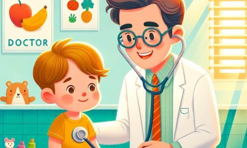 Le personnage principal est le docteur Paul, un médecin d'une trentaine d'années, souriant, avec des cheveux bruns et des lunettes rondes. Il porte une blouse blanche et écoute le ventre d'un petit garçon. Le personnage secondaire, Léo, est un garçon de 7 ans aux cheveux blonds en bataille, assis sur une table d'examen, avec un léger sourire. La scène se déroule dans un cabinet médical coloré, avec des murs bleu clair, des affiches de fruits et légumes, et des jouets au sol. La lumière du soleil crée une ambiance chaleureuse. Le docteur Paul écoute attentivement Léo, qui se sent mieux grâce à ses soins.