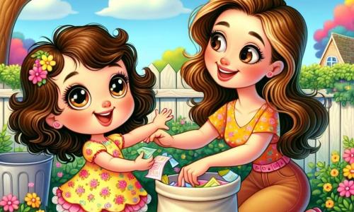 Une petite fille de 4 ans, Lila, sourit en ramassant des papiers colorés dans son jardin. Elle porte une robe jaune à fleurs et des sandales roses, et son visage exprime fierté et excitation. Sa maman, une femme d'une trentaine d'années, l'encourage avec un sourire tout en tenant un grand sac de recyclage. Le jardin est rempli de fleurs et de verdure, avec un ciel bleu clair. Lila et sa maman nettoient ensemble le jardin, transformant un espace en désordre en un lieu accueillant, tout en apprenant l'importance du recyclage.