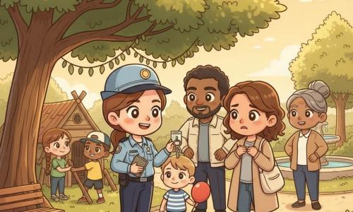 Lila, une policière souriante et rassurante en uniforme bleu clair et casquette, tient un carnet et tend une petite pochette transparente contenant un porte‑clés en forme d’étoile retrouvé. Sami, collègue d’une quarantaine d’années au visage jovial, se tient en retrait, mains sur les hanches, encourageant. Madame Inès, émue et soulagée en manteau beige, reprend les clés près du cœur. À côté de Lila, un garçon de six ans aux cheveux châtain clair et t‑shirt rayé tient un ballon rouge et regarde avec admiration. Deux enfants du club secret — une fille de huit ans aux tresses en t‑shirt vert et un garçon de neuf ans casquette au fond — sourient et aident à déplacer une branche près d’une petite cabane en bois. Nora, la gardienne cinquantaine aux cheveux gris attachés, râteau contre un arbre, observe en souriant depuis l’ombre d’un grand chêne. Scène dans le parc des Tilleuls, après‑midi doré, allée de gravier, banc en bois et fontaine en arrière‑plan, atmosphère chaleureuse et communautaire lors de la remise du porte‑clés.
