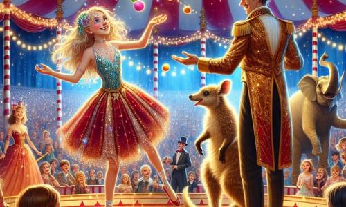 Au centre de l'image, Zoé, une fille de 12 ans aux longs cheveux châtains et aux yeux curieux, porte un costume de cirque scintillant. Elle sourit en jonglant avec des balles colorées, tenant la main d'un kangourou espiègle. À ses côtés, Maxime le Magnifique, un homme d'une trentaine d'années en chapeau haut-de-forme et cape dorée, applaudit près d'un éléphant qui danse. Le chapiteau de cirque aux rayures rouges et blanches est illuminé par des guirlandes, et des spectateurs émerveillés remplissent les gradins. Zoé, en pleine performance, jongle sous les applaudissements, tandis que le kangourou et son chien Rex l'encouragent, créant un moment de magie et de bonheur.