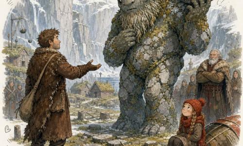 Einar, homme au visage clair et cheveux châtains courts, lèvres pincées, regard doux et déterminé, porte un manteau en peau brun, gants en cuir, sac en toile ; il tend la main vers Grjót, monstre massif fait de rochers et de lichen aux yeux de galets et barbe de mousse, qui hésite en tenant une pierre plate à l’orée d’un amphithéâtre de falaises enneigées. À l’arrière, le chef du village (~50 ans) en manteau épais observe bras croisés près d’un groupe de villageois ; une fillette d’environ 8 ans, bonnet rouge et écharpe, assise sur une pierre près d’un petit bateau renversé, regarde la scène avec émerveillement. Au premier plan, un champ de pierres aménagé avec troncs, rames cassées et pierres plates ; au loin des maisons en bois aux toits de tourbe. Scène de paix et d’accord : Einar montre à Grjót où frapper pour jouer sans abîmer le village, Grjót tend une pierre prêt à coopérer, ambiance hivernale douce aux couleurs froides rehaussées de touches chaudes et traits ludiques autour des personnages.