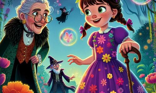 Une petite fille de 8 ans, Éloïse, avec des nattes brunes et une robe à fleurs colorées, se tient au centre de l'image, les yeux brillants d'excitation et un sourire radieux. Elle tend la main vers une bulle colorée flottant devant elle. À ses côtés, Mademoiselle Marguerite, une dame souriante d'environ 70 ans, porte une robe violette ornée de plumes et des lunettes rondes, se penchant légèrement vers Éloïse avec bienveillance. En arrière-plan, Sir Grumpel, un sorcier maléfique d'une quarantaine d'années, flotte sur son balai, surpris et amusé. Le lieu est un jardin magique luxuriant, rempli de fleurs éclatantes et de bulles scintillantes, sous un ciel bleu illuminé par le soleil. Éloïse lance une potion de rires vers Sir Grumpel, qui rit, tandis que Mademoiselle Marguerite l'encourage, capturant un instant magique d'amitié et de magie.