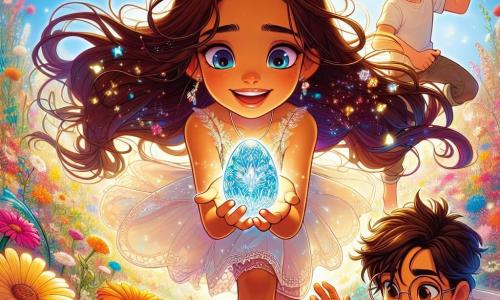 Céleste, 12 ans, se tient au centre de la scène avec de longs cheveux châtains et un sourire éclatant. Elle porte une robe légère à fleurs et tient un œuf bleu scintillant, ses yeux brillants d'excitation. À ses côtés, Maxime, 11 ans, avec des cheveux bruns en bataille, tente d'attraper un papillon coloré. Léa, 12 ans, aux cheveux blonds tressés et lunettes rondes, admire une marguerite sous le soleil, rayonnante de joie. La scène se déroule dans une forêt enchantée remplie de fleurs multicolores et de lucioles, ajoutant une touche de magie. Ensemble, ils découvrent un œuf mystérieux, prêts pour une aventure inoubliable pour célébrer Pâques.