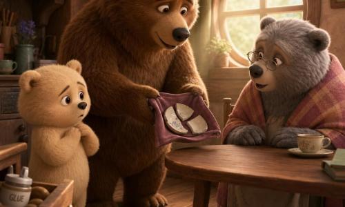 Oscar, un gros ours brun au pelage doux et légèrement ébouriffé, a une expression à la fois honteuse et soulagée; il tient devant lui une petite pochette en tissu ouverte révélant trois morceaux d’un bol cassé, debout près d’une table en bois; Mina, une oursonne plus petite au pelage crème et aux yeux ronds, paraît inquiète mais attentive, à la gauche d’Oscar, mains jointes contre la poitrine; tante Olympe, une vieille ourse grise coiffée d’un châle à carreaux rose et beige, a une expression surprise puis douce, assise en face d’Oscar avec une serviette pliée sur les genoux; la petite cuisine en bois aux planches cirées, fenêtre ronde laissant entrer un rayon de soleil, étagères avec tasses et théière, tiroir entrouvert où l’on aperçoit un pot de colle et tapis à motifs de feuilles sous la table; la scène montre Oscar qui avoue en tendant les morceaux du bol vers tante Olympe, Mina collée à lui, la tension transformée en calme, composition en plan moyen, lumière chaude, couleurs terreuses et pastels, textures douces et légère profondeur de champ mettant l’accent sur les visages et les morceaux du bol.