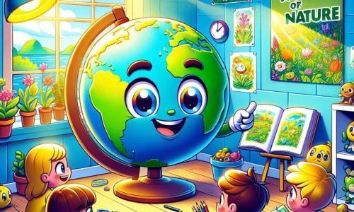 Léonard, un globe terrestre coloré, se tient au centre avec un sourire déterminé. Ses continents verts et océans bleus vibrent d'énergie. Il regarde des enfants excités qui l'entourent. Sophie, une lampe moderne à droite, éclaire un livre de jardinage avec une douce lumière. Un livre bleu intitulé 