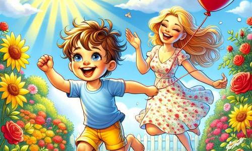 Un petit garçon de 2 ans, nommé Paul, avec des cheveux bruns en bataille et des yeux pétillants, court dans un jardin ensoleillé, souriant. Il porte un t-shirt bleu et un short jaune, tenant un ballon rouge. Sa maman, souriante, avec des cheveux longs et blonds, se tient près de lui, prête à jouer. Elle porte une robe légère à fleurs, entourée de belles fleurs colorées. Le jardin est rempli de roses rouges, tournesols jaunes et marguerites blanches, sous un ciel bleu clair. Paul lance le ballon vers sa maman, riant, tandis que le soleil brille, créant une ambiance joyeuse.