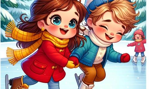 Une petite fille de 3 ans, Lina, avec de grands yeux brillants et des joues roses, porte un manteau rouge, une écharpe jaune et des gants bleus. Elle sourit en patinant sur la glace, ses cheveux bruns flottant derrière elle. À côté d'elle, son ami Tom, un garçon de 4 ans avec des cheveux blonds en bataille et un bonnet bleu, rit en essayant de garder son équilibre sur ses patins. La scène se déroule sur une patinoire en plein air, entourée de flocons de neige et de sapins enneigés, avec des enfants jouant dans la neige. Lina et Tom s'amusent à patiner ensemble, découvrant la joie de glisser sur la glace dans une ambiance hivernale joyeuse et magique.