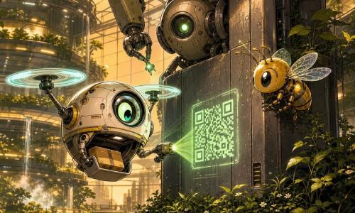 Zig, petit drone-livreur rond aux deux rotors brillants, caméra-œil expressive et trappe à colis ouverte, est joyeux et concentré, en lévitation près d’un pilier où il projette un QR code lumineux avec un petit projecteur; Marn, grand bras robotique articulé fixé au mur en métal mat avec rivets, pince délicate et petite lumière verte, le surveille prudemment d’en haut; une robot-abeille dorée est posée au bord du pilier, curieuse; lieu : hangar-jardin 12, vaste intérieur verre et métal avec terrasses de plantes, lampes LED douces, brume d’arrosage et bassins réfléchissants; scène principale : Zig installe un petit carré noir QR tandis que Marn observe et la robot-abeille s’approche, atmosphère chaleureuse et futuriste aux tons verts et dorés, textures visibles et éclairage doux de fin de journée.