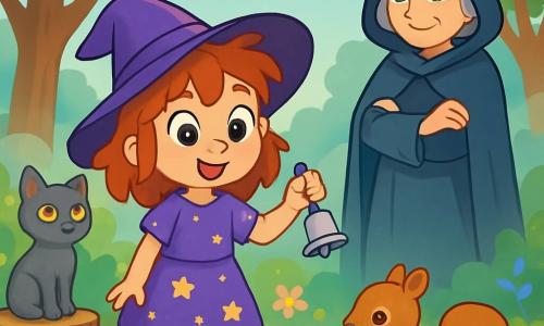 Lila, une petite fille de 8 ans et apprentie sorcière, se tient au centre d'une clairière magique, avec des cheveux en bataille et des yeux ronds brillants. Elle porte une robe violette et tient une clochette d'argent, affichant un visage rayonnant de gentillesse. À ses côtés, Dame Arnelle, une femme âgée d'environ 60 ans en cape sombre, l'observe avec bienveillance. Un chat gris aux yeux dorés, assis sur une souche, regarde Lila avec curiosité. La clairière est enveloppée d'une brume légère, ornée de fleurs multicolores et d'arbres majestueux. Lila aide un petit écureuil blessé tout en écoutant la mélodie de sa clochette, symbole de sa découverte de la magie du cœur.