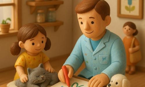 Un vétérinaire souriant, aux cheveux châtains courts et blouse bleu clair tachée de feutres, est accroupi et dessine une grande affiche colorée sur une table en bois, les mains posées doucement; à sa gauche une fillette d’environ 6 ans, cheveux bruns en couettes et robe jaune à pois, caresse Plume, un vieux chat gris allongé sur une couverture crème qui cligne des yeux et ronronne; la mère, cheveux en chignon, tient un sac en tissu et sourit en arrière-plan près de la porte, légèrement floutée; Biscotte, un petit chien blanc au poil mousseux, est assis près du panier la langue sortie; une petite plante en pot vert aux deux feuilles tombantes repose sur une étagère près d’une fenêtre carrée effleurée par un rayon de soleil; la clinique en bois clair, aux étagères basses remplies de bocaux, balance ronde sur la table, affiches colorées et lampe jaune suspendue, baigne la scène d’une lumière dorée; le vétérinaire pèse et examine doucement Plume puis dessine une affiche explicative; ambiance tendre, lente et rassurante, couleurs pastel (bleu, jaune, vert) et textures douces (laine, bois, couverture).