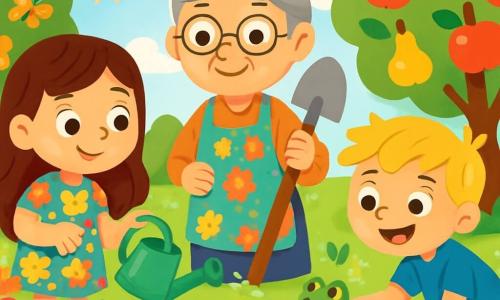 Il y a trois personnages : Léa, une fille de 7 ans aux longs cheveux bruns, portant une robe à fleurs colorées et tenant un arrosoir vert, émerveillée par les tomates rouges dans un potager ; Tom, un garçon de 6 ans aux cheveux blonds en bataille, en t-shirt bleu et short beige, accroupi près d'un étang à observer une grenouille verte ; et Mamie Rose, une femme âgée aux cheveux gris en chignon, portant un tablier coloré et tenant une pelle, souriant fièrement en les regardant. Le jardin est luxuriant, avec des fleurs éclatantes, des légumes colorés, des papillons, un étang scintillant et des arbres fruitiers. Léa et Tom arrosent les plantes avec enthousiasme, tandis que Mamie Rose les encourage, tandis que des abeilles bourdonnent et qu'une grenouille curieuse les observe.