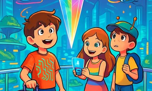 Lucas, un garçon de 12 ans aux cheveux bruns en bataille et aux yeux curieux, se tient sur une plateforme d'accès au Sky-Prism, le cœur lumineux d'une ville futuriste. Il porte un t-shirt à motifs de circuits imprimés et une valise couverte d'autocollants. À ses côtés, Mira, une fille de 12 ans avec des cheveux ondulés et une robe colorée, sourit en tenant un appareil holographique. Kaito, un garçon de 13 ans avec une casquette à antennes, scrute le ciel avec détermination. La plateforme en verre transparent est entourée de murs de lumière changeante, tandis qu'en dessous, la ville de Nova-Tech s'étend avec des jardins flottants. Lucas et ses amis préparent un émetteur spectral improvisé pour rétablir la saturation de la ville, entourés de drones lumineux, créant une atmosphère dynamique et magique.