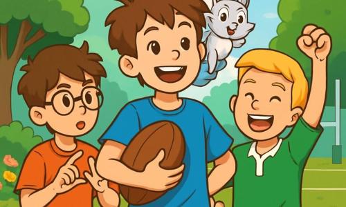 Quatre personnages sont présents : Tom, un garçon de 11 ans avec des cheveux bruns en bataille, un t-shirt bleu et un short rouge, souriant au centre avec un ballon de rugby. Skooby, un écureuil magique aux poils argentés, est perché sur son épaule. Lucas, également âgé de 11 ans, a des cheveux blonds courts, porte un maillot de rugby vert et l'encourage en levant un poing. Max, avec des cheveux châtains et des lunettes, fait un geste stratégique à gauche de Tom. La scène se déroule dans un parc ensoleillé avec un terrain de rugby vert, entouré d'arbres et de fleurs colorées, sous un ciel bleu. Les trois garçons célèbrent une victoire, levant les bras en triomphe, tandis que Skooby saute de joie sur l'épaule de Tom, ajoutant une touche magique à ce moment de camaraderie.