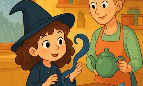Lila, une jeune fille de sept ans apprentie sorcière, avec des cheveux bruns bouclés et des yeux curieux, se tient devant une table en bois. Elle est émerveillée, touchant un ruban bleu nuit qui semble flotter. Sa maman, une femme blonde d'une trentaine d'années, l'observe avec un sourire bienveillant depuis la cuisine, une théière à la main. La cuisine, chaleureuse et lumineuse, a des murs jaunes et des étagères remplies de pots colorés. Sur la table se trouvent une clochette argentée et une plume scintillante à côté d'une carte ancienne. La scène dégage une atmosphère magique et accueillante, avec la pluie dessinant des motifs sur la fenêtre en arrière-plan.