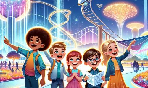 Dans un parc d'attractions futuriste, quatre enfants sont excités. Léo, 10 ans, montre un roller coaster lumineux. Mia, 9 ans, saute de joie en admirant les attractions. Sam, 11 ans, avec ses lunettes rondes, dessine ses idées d'inventions. Zia, 10 ans, sourit dans son fauteuil roulant, prête à découvrir les nouvelles technologies. Le parc est coloré et lumineux, avec des attractions en forme de fleurs et des hologrammes. Les enfants, curieux, s'apprêtent à vivre une aventure en explorant des manèges interactifs et des technologies innovantes.