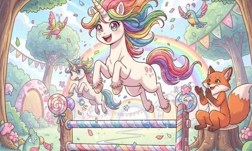 Lulu, une jeune licorne joyeuse et déterminée au sourire radieux, corne légèrement tordue et crinière arc‑en‑ciel ébouriffée, saute en vol par‑dessus un obstacle en sucre tandis que ses sabots étincelants projettent des étincelles; une licorne rivale garçon, surpris et embarrassé, trébuche sur un obstacle en bois pailleté derrière elle; un vieux renard sage aux yeux doux, assis sur une souche, applaudit pendant que des petits animaux magiques (papillons scintillants, oiseaux rieurs) flottent et acclament; le décor est un champ féerique — herbe menthe, arbres en forme de cœur, rivières de paillettes, banderoles pastel et parcours d’obstacles en bonbons, arcs et troncs brillants — et Lulu franchit le dernier obstacle vers la ligne d’arrivée, entourée de confettis et d’une lumière dorée dans une ambiance festive et triomphante.