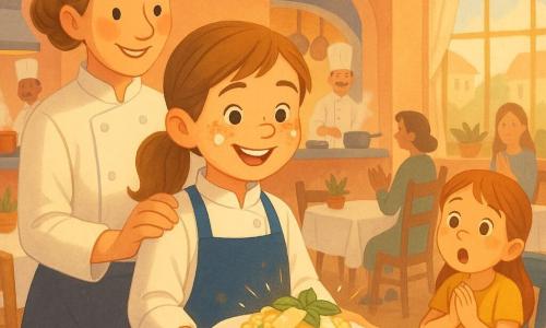 Sophie, environ 9 ans, visage rond avec traces de farine, queue de cheval, rayonnante et fière, tient un risotto crémeux garni de copeaux de parmesan et de feuilles de basilic, vêtue d’une veste de chef blanche et d’un tablier bleu marine légèrement taché; derrière elle, la cheffe Camille, trente-cinq ans, cheveux blonds en chignon et sourire chaleureux, pose la main sur son épaule, portant une toque blanche et une veste crème; à droite, une petite cliente d’environ 6 ans en robe jaune, bouche et yeux écarquillés d’émerveillement, est assise à une table. Le lieu est un restaurant intime et lumineux aux murs saumon, grandes fenêtres et rideaux légers, tables en bois clair nappées de blanc, lampes en laiton et cuisine ouverte avec casseroles en cuivre en arrière-plan. Sophie présente son risotto aux convives dans une ambiance joyeuse et chaleureuse, éclats de lumière sur le plat, applaudissements discrets et chefs souriants s’affairant.