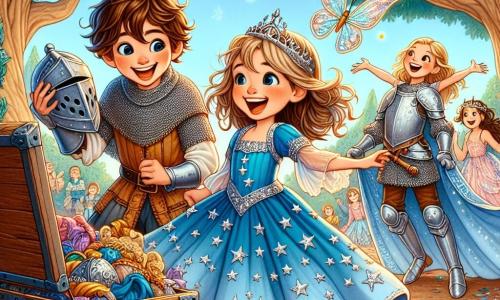 Clara, une fille de 11 ans, est au centre de l'image, rayonnante de joie dans sa robe bleue étoilée. À ses côtés, Léo, en tunique de chevalier, sourit avec un bouclier, tandis que Camille, en robe de fée, danse autour d'eux. Le décor est un parc enchanté avec des arbres majestueux, des guirlandes colorées et une table de friandises. Au fond, un grand chêne et un papillon géant ajoutent à la magie. Clara et ses amis découvrent une malle remplie de costumes fantastiques, dans une chasse au trésor pleine d'aventures et de rires, sous un ciel bleu éclatant.