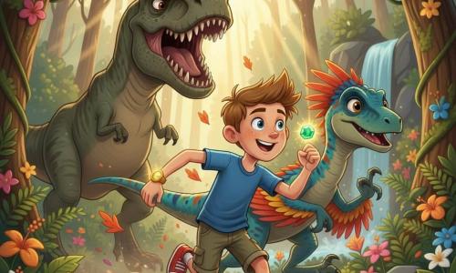 Garçon de 8 ans enthousiaste courant en brandissant une petite émeraude verte, cheveux châtain clair et taches de rousseur, suivi et protégé par un vélociraptor à plumes au sourire bienveillant; un T‑Rex massif et stylisé rugit en arrière-plan; forêt préhistorique luxuriante (fougères, arbres noueux, fleurs, petite cascade), course-poursuite dynamique avec poussière et feuilles, palette vive, contours nets, ombrages doux, angle trois-quarts, ambiance d'aventure joyeuse et sûre pour les enfants, sans texte.