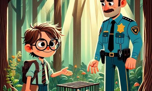 Un garçon de 10 ans, Lucas, se tient au centre de l'image, déterminé, avec des cheveux bruns en bataille et des lunettes rondes. Il tient un carnet et un stylo, prêt à prendre des notes. À côté de lui, un policier d'environ 30 ans, en uniforme bleu, l'observe avec admiration, bras croisés. En arrière-plan, une forêt dense avec des arbres majestueux et des rayons de soleil illuminant le sol. Lucas se prépare à libérer un chat aux yeux brillants enfermé dans une vieille cage rouillée, tandis que le policier reste attentif.