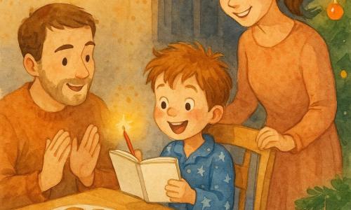 Un garçon de 4 ans souriant en pyjama bleu à étoiles tient un petit carnet et un crayon tandis qu'il tend le carnet vers une boule de Noël clignotante ; sa mère douce, à droite de la table, pose une main protectrice sur sa chaise et sourit, son père chaleureux est assis à gauche et applaudit doucement ; salon chaleureux décoré pour le Nouvel An avec sapin, guirlandes et une table de bois clair avec biscuits et clémentines, ambiance intime et joyeuse.