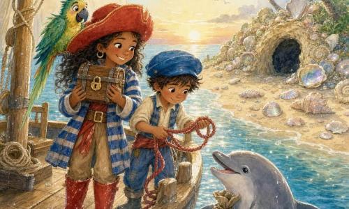 Capitaine Lila, femme courageuse et souriante au grand chapeau rouge, bottes qui couinent et veste rayée, tient un petit coffre en bois fermé par un cadenas serré contre sa poitrine sur le pont du bateau La Mouette Chatouilleuse ; Mimo, garçonnet mousse avec une grande casquette bleue, tient une corde rouge à côté du coffre, vigilant près des bastingages ; Léon le dauphin nage à côté, sac serré sous une nageoire et tête sortie de l’eau, regard reconnaissant ; Pipo le perroquet vert et jaune est perché sur l’épaule de Lila, malicieux ; en arrière-plan l’île des Coquillages avec plage beige parsemée de coquilles nacrées, grotte sombre à l’entrée et quelques palmiers, lumière douce de fin de tempête (ciel bleu pâle, dernier nuage gris, éclats dorés sur les vagues, gouttelettes sur le bois) ; ambiance calme, soulagée et amicale ; style aquarelle aux lavis transparents, rehauts lumineux au stylo gel blanc, couleurs pastel vives, textures de bois et nacre détaillées.