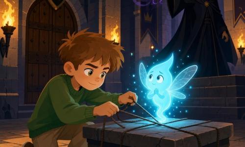 Timothée, garçon de 8 ans au visage rond, cheveux châtain clair en bataille et yeux noisette, tire doucement sur des cordes pour libérer une petite créature luminescente bleu cyan, en forme de goutte floue avec de petites ailes translucides qui tremble d’espoir et flotte au‑dessus d’une table en pierre; au fond, un sorcier d’environ 45 ans, grand et sombre, manteau noir et chapeau pointu, lance un sort depuis une estrade, bras tendu et expression sévère; la scène se déroule dans une grande salle de château en pierre aux murs gris et torches jaunes projetant de longues ombres, une grande porte cloutée en arrière‑plan; moment de libération: Timothée défait les liens tandis que la lumière bleue grandit, contrastant avec les ombres orangées des torches.