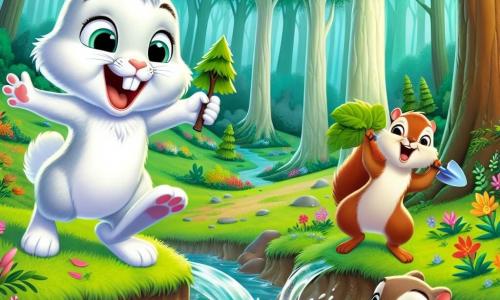 Léo, un lapin joyeux au pelage blanc et aux grandes oreilles, saute près d'un ruisseau avec enthousiasme. Ses yeux brillent d'excitation en regardant un petit arbre qu'il a planté. À ses côtés, un écureuil espiègle au pelage brun et à la queue touffue sourit en tenant une petite pelle. Ils sont dans une forêt verdoyante, entourés d'arbres majestueux et de fleurs colorées. Léo et l'écureuil célèbrent le retour de l'eau dans le ruisseau, avec des gouttes scintillantes symbolisant la renaissance de la vie dans leur habitat.