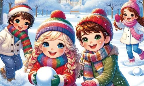 Dans un parc enneigé, quatre enfants s'amusent. Lucas, un garçon de six ans avec des cheveux bruns, porte un manteau rouge et ramasse de la neige. Clara, également six ans, avec des cheveux blonds tressés et un manteau bleu, lance une boule de neige vers Léo, un garçon aux cheveux châtains et lunettes, qui se protège en souriant. Mia, la plus petite avec cinq ans et des cheveux bouclés, fait un ange dans la neige. Le parc est magnifique avec des arbres couverts de neige et un ciel bleu clair. Les enfants jouent ensemble dans une ambiance joyeuse.