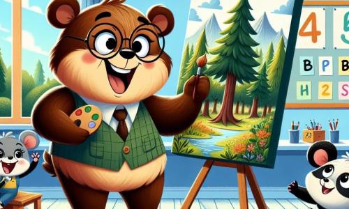 Au centre de l'image, Oscar, un ours brun aux grandes lunettes rondes, dessine un paysage de la forêt sur un tableau, affichant une expression joyeuse et concentrée. À sa droite, Bobo, un panda noir et blanc, admire son dessin avec des yeux écarquillés. À sa gauche, Mimi, une petite souris grise, danse joyeusement en l'encourageant. Le décor est une salle de classe colorée avec des murs bleu clair et des affiches, baignée de lumière. Oscar réalise son rêve de dessiner devant ses amis, qui l'applaudissent, créant une atmosphère de joie et de camaraderie.