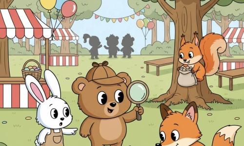 Oscar, petit ours détective brun et rond aux grands yeux, chapeau trop grand et loupe, sourit déterminé près d’un stand de bonbons vide; Lila, petite lapine blanche aux oreilles roses, le regarde surprise en pointant le sol à sa gauche; Tim, jeune renard roux, est accroupi à droite en reniflant une ligne de petits papiers colorés; un écureuil roux malicieux se cache derrière un arbre avec un sac de bonbons; décor: cour d’école festive au bord d’une forêt avec stands rayés, ballons, guirlandes et confettis; ambiance joyeuse, couleurs pastel vives, contours doux, composition simple pour tout-petit.