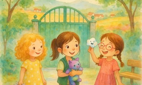 Trois amies d'environ 7 ans se tiennent devant un grand portail d'école vert au bord d'un village aux champs colorés : Emma, blonde bouclée en robe jaune à pois tenant une grue en papier, Lina, brune en queue de cheval avec gilet vert serrant une peluche magique changeant de couleur, et Zoé, châtain en tresses portant des lunettes roses et une robe brodée, levant un petit nuage en tissu souriant ; elles échangent leurs trésors créatifs en riant, sur un sol pavé avec quelques flaques, près d'arbres aux feuilles aquarelle et de livres empilés, le fond montrant collines et ciel pastel dans une atmosphère chaleureuse et inclusive.