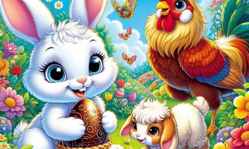 Une lapine nommée Lilou, avec des oreilles longues, un pelage blanc et des yeux joyeux, se tient dans un jardin coloré, tenant un œuf en chocolat. À côté d'elle, un coq nommé Coco chante joyeusement, tandis qu'une chèvre nommée Poppy grignote de l'herbe en les observant. Le jardin est rempli de fleurs, de papillons et d'un ciel bleu, créant une ambiance printanière. Lilou et ses amis sont en chasse aux œufs de Pâques, découvrant des trésors chocolatés cachés.