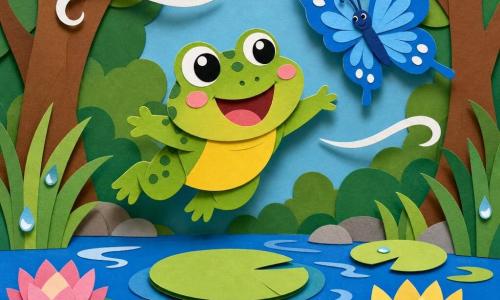 Une petite grenouille verte au ventre jaune, aux grands yeux ronds, sourit en s’élevant au-dessus d’un nénuphar comme pour voler, accompagnée d’un papillon bleu aux ailes décorées, tandis que des nénuphars colorés flottent sur une mare bleue bordée d’herbes et d’une forêt simplifiée en arrière-plan, le tout baigné d’une atmosphère douce et légèrement ventée suggérée par des rubans blancs ondulants.