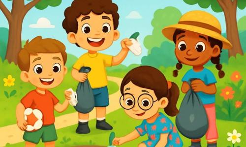 Quatre enfants sont présents : Léo, 8 ans, cheveux bouclés, t-shirt jaune, short bleu, tient un sac poubelle et regarde autour de lui avec enthousiasme ; Emma, 7 ans, lunettes rondes, cheveux bruns en queue de cheval, en robe à fleurs, ramasse des déchets près de la mare ; Tom, 8 ans, cheveux courts, t-shirt rouge, short vert, debout avec un ballon et montrant un déchet, souriant ; Mia, 7 ans, nattes colorées, chapeau de paille, t-shirt bleu, pantalon rose, à côté d'Emma avec un sac poubelle rempli de déchets, fière. Ils nettoient la mare dans un parc verdoyant, avec des arbres, des fleurs, un ciel bleu et des oiseaux chantants, travaillant ensemble joyeusement.