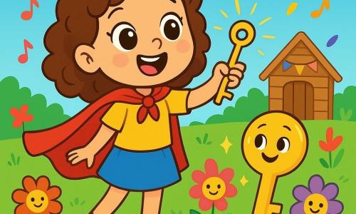 Lila, une petite fille de 4 ans aux grands yeux pétillants et aux cheveux bouclés, porte une cape rouge et sourit en tenant une clé brillante. À ses côtés, une clé animée, souriante et dorée, l'écoute attentivement. Le jardin est rempli de fleurs colorées, de pelouses verdoyantes et d'une cabane en bois décorée de confettis, sous un ciel bleu clair parsemé de nuages. Lila raconte une histoire à la clé, entourée de magie et de rires, tandis que des plumes colorées tombent du ciel comme des notes de musique.