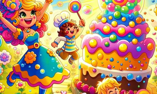 Super-Mimi, une jeune femme aux cheveux bouclés et colorés, porte un costume brillant avec une cape flottante. Elle sourit joyeusement, entourée de fleurs dansantes et de bonbons sautillants, les bras levés comme pour diriger une fête. À ses côtés, Super-Bulles, avec ses cheveux longs et lisses, porte un costume bleu à motifs de bulles et rit en lançant une bulle géante. Plus loin, Super-Gâteau, un garçon aux cheveux en désordre en tablier de pâtissier, tient un énorme gâteau coloré. La scène se déroule dans un jardin magique, rempli de fleurs colorées et de bonbons brillants, sous un soleil éclatant. Ils célèbrent une fête amusante, créant une ambiance joyeuse et pleine de rires.
