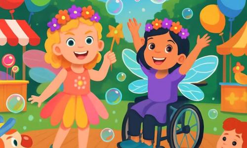 Deux personnages principaux : Léa, une fille de 8 ans avec des boucles blondes, des yeux pétillants, vêtue d'un costume de fée des fleurs, souriante à gauche ; et Zoé, également de 8 ans, avec des cheveux noirs brillants, en fauteuil roulant, habillée en libellule féerique, à droite de Léa, les bras levés. Le décor est un parc municipal animé, orné de guirlandes et de ballons, avec des stands de bonbons et une scène en bois illuminée. La scène montre Léa et Zoé célébrant leur victoire au concours du plus beau costume, rayonnantes de bonheur sous les applaudissements d'une foule joyeuse, entourées de clowns et d'enfants dansants.
