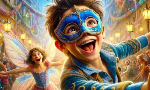 Un garçon de 11 ans, Maxime, flotte joyeusement dans les airs avec un masque en velours bleu brodé d'or, ses yeux brillants d'excitation et son sourire radieux illuminant son visage aux cheveux bruns en désordre. À ses côtés, sa petite sœur Camille, 7 ans, déguisée en fée avec des ailes scintillantes et une robe rose, lève les bras émerveillée. Thomas, son meilleur ami, 11 ans, déguisé en pirate, le regarde avec admiration. La scène se déroule à Arlequin, où les rues sont décorées de guirlandes colorées et de ballons, et la foule danse sous un ciel bleu avec un arc-en-ciel après une légère pluie. Maxime, réalisant qu'il peut voler grâce à son masque magique, se laisse emporter par la magie du carnaval, provoquant rires et cris de joie parmi les spectateurs.