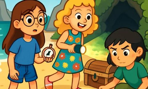Trois personnages sont présents : Camille, une fille de 10 ans avec de longs cheveux bruns et des lunettes rondes, portant un t-shirt bleu et un short en jean, tenant une boussole ; Lila, une fille de 10 ans aux cheveux blonds bouclés, vêtue d'une robe à fleurs colorées et tenant une lampe torche avec un sourire joyeux ; et Zoé, une fille de 10 ans aux cheveux courts et noirs, en t-shirt vert et pantalon cargo, accroupie avec une carte au trésor. Elles se trouvent sur une plage déserte, entourées de falaises grises et de vagues turquoise. Les filles explorent une grotte cachée derrière des buissons, prêtes à déterrer un coffre ancien, leurs visages illuminés par l'excitation d'un trésor caché.