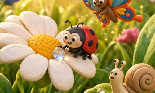Une petite coccinelle rouge à points noirs, ronde et brillante, émerveillée, touche délicatement une goutte d'eau scintillante sur un pétale ; un papillon orangé et bleu vole au-dessus en battant des ailes, un escargot beige à coquille en spirale observe depuis une feuille près d'une grande marguerite blanche ; prairie en gros plan avec herbes vertes et lumière dorée du matin, perles de rosée ; la goutte magnifie les couleurs, rendant fleurs et feuillages plus vifs et créant de petites notes lumineuses, atmosphère douce et joyeuse.
