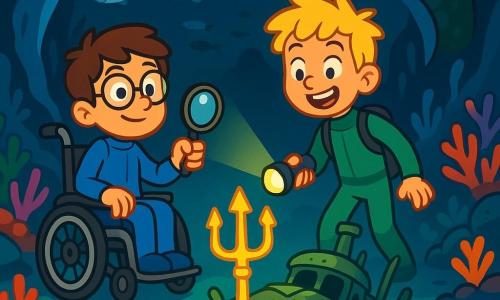 Léo, un garçon de 10 ans avec des cheveux bruns et des lunettes rondes, est assis dans un fauteuil roulant tout-terrain. Il porte une combinaison de plongée bleue et tient une loupe. Jules, également âgé de 10 ans, a des cheveux blonds ébouriffés et un large sourire. Il se tient à côté de Léo, vêtu d'une combinaison de plongée verte et tenant une lampe torche. L'action se déroule dans une vaste grotte sous-marine illuminée par des néons bleus, entourée de coraux colorés et de poissons argentés. Au centre, une épave de sous-marin est recouverte d'algues, avec un trident doré scintillant parmi les débris. Léo et Jules découvrent l'épave, émerveillés par le trident, tandis qu'une murène géante se profile en arrière-plan, ajoutant une touche d'aventure.
