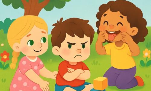 Il y a trois personnages : Léo, un garçon de 5 ans avec des cheveux bruns en bataille et des yeux pétillants, portant un t-shirt rouge et un short bleu, assis sur le sol avec une petite moue. Mia, une fille de 4 ans aux cheveux blonds tressés et yeux verts, en robe rose à pois blancs, lui tient la main en souriant. Jade, une fille de 5 ans avec des cheveux châtains bouclés et des yeux marron, porte un t-shirt jaune et un pantalon violet, et fait une grimace drôle pour le faire rire. L'action se déroule dans un jardin ensoleillé avec des fleurs colorées, un grand arbre et une herbe fraîche où les enfants jouent avec des cubes éparpillés. Ils essaient d'empiler les cubes, mais la tour de Léo vient de tomber, le rendant fâché. Mia le réconforte et Jade tente de le faire rire, montrant ainsi leur amitié et leur apprentissage à gérer leurs émotions ensemble.