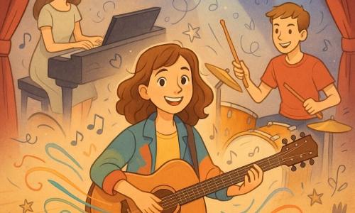Adèle joue de la guitare sur scène, visage rayonnant, cheveux châtain ondulés, tenue jean et veste colorée; Léon, 17 ans, batteur énergique en t-shirt rouge à droite, frappe grosse caisse et cymbales; Clara, 16 ans, pianiste en robe claire à gauche, mains sur un piano à queue, regard concentré; petit théâtre d'école avec plancher en bois, rideau rouge foncé et projecteurs jaune et bleu‑violet créant faisceaux visibles; public en silhouettes floues, quelques mains levées; trio en concert avec vagues colorées stylisées et notes doodle autour des musiciens, ambiance chaleureuse.