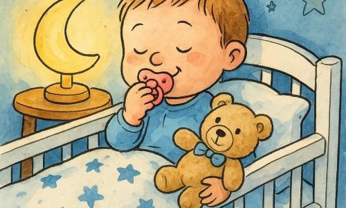 Garçon de 2 ans au visage rond et cheveux châtain clair, assis somnolent dans un petit lit en bois blanc, souriant en jouant un peu avec sa tétine; couverture douce à motifs d’étoiles bleues, doudou beige à nœud bleu près de la joue; un pyjama suspendu au pied du lit avec un gros bouton rouge qui touche le cadre et crée un petit toc espiègle, tétine rose en désordre sur l’oreiller; une lampe en forme de lune projette une lumière jaune douce sur des murs bleu pâle étoilés — scène de coucher intime, apaisante et légèrement drôle.
