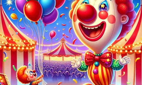 Petit Ballon, un ballon rouge souriant, flotte dans les airs, ses couleurs vives illuminant le ciel. Il est heureux, ses bras en forme de ficelle s'étirant vers le haut. À côté, un clown joyeux avec un grand nez rouge jongle avec des pommes brillantes sur un petit tabouret, entouré de confettis colorés. Le décor est un cirque vibrant avec des tentes rayées, des lumières scintillantes et un public enthousiaste. Petit Ballon vole au-dessus du clown, émerveillé par le spectacle, tandis que le clown, concentré sur son numéro, ne le voit pas encore. C'est un moment magique de joie et de rires au cirque.
