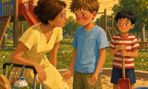 Trois personnages dans un parc en fin d’après‑midi : Lucas, garçon de 11 ans aux cheveux châtain clair en bataille, t‑shirt bleu clair et short kaki, visage rouge de honte, au centre face à sa mère et légèrement en avant ; Sophie, mère d’environ 35 ans aux cheveux bruns en chignon, robe jaune pâle, regard doux mais sérieux, à gauche penchée vers lui en tenant un caddie ; Maxime, garçon de 11 ans aux cheveux noirs courts, t‑shirt rayé rouge et blanc, derrière Lucas à droite tenant une pelle, regardant la scène avec curiosité et un léger sourire gêné. Devant eux une étendue de sable avec un château de sable partiellement construit, en arrière‑plan un grand toboggan rouge et une aire de jeux en bois, herbe verte parsemée de fleurs, ciel orangé de fin de journée et textures de gouache visibles ; scène centrée sur la confession de Lucas, atmosphère tendre et sincère, lumière chaude éclairant doucement les visages.