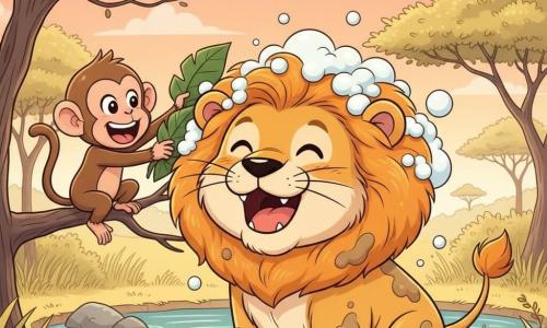 Un lion doux et rond à grande crinière dorée bouclée, yeux ronds brillants et sourire amusé, couvert de boue claire dont la mousse blanche apparaît dans la crinière en riant ; un petit singe espiègle nommé Sacha, fourrure brune et yeux pétillants, perché sur une branche à gauche frotte la crinière avec de grandes feuilles vertes en riant ; arrière-plan : mare peu profonde aux reflets bleu-vert, herbes jaunes et acacias fins sous un ciel pêche ; scène joyeuse et comique où la boue devient mousse, le "lion mousseux" et le singe rient, postures rondes, couleurs vives, contours doux et expressions style manga pour enfants.